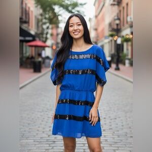 JESSICA SIMPSON Sheer Cobalt Blue & Black Sequin Stripes Mini Dress SZ SM